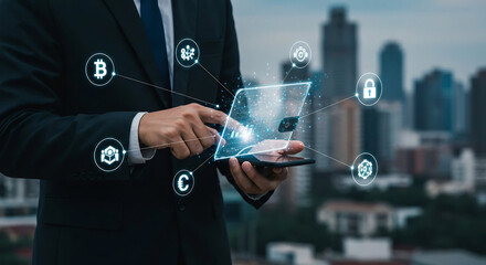 Businessman Using Tablet with Glowing Digital Currency Icons in City Skyline