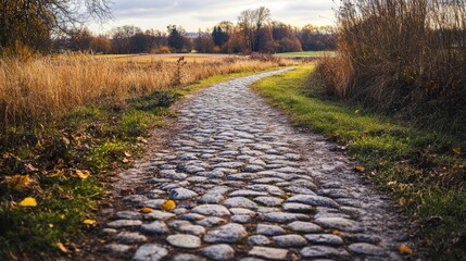 Scenic Pathway Through Nature with Cobblestones in Autumn Landscape and Warm Sunset Glow