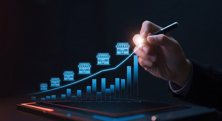 Hand Drawing Growth Chart on Digital Tablet Screen, Blue Glowing Upward Trend, Dark Background