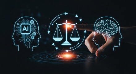 Hand Interacting with Digital Scales of Justice, AI, and Human Brain Hologram