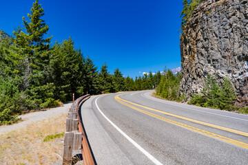 Road to Diablo lake with forest landscape. Landscape of rocky road. Travel destination. Landscape...