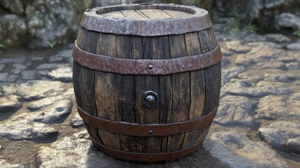 Rustic Wooden Barrel with Metal Bands on Cobblestone