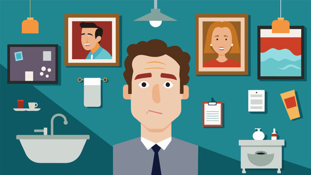 The bathrooms are filled with pictures of old toy commercials and quotes from popular sitcoms like Friends and Seinfeld.. Vector illustration