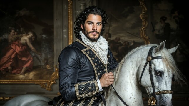Wealthy Medieval Nobleman or Military Commander with Long Dark Hair and a Beard, Wearing a Decorative Jacket with Gold Embellishments, Sitting on a White Horse Indoors Near a Framed Historical Paintin