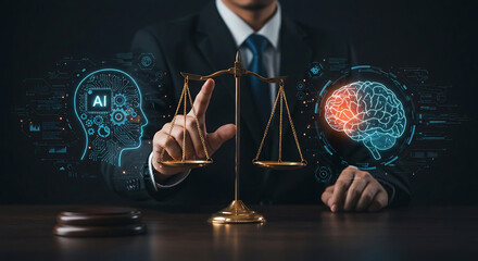 Male Lawyer Using Digital Scales of Justice with AI Brain Hologram