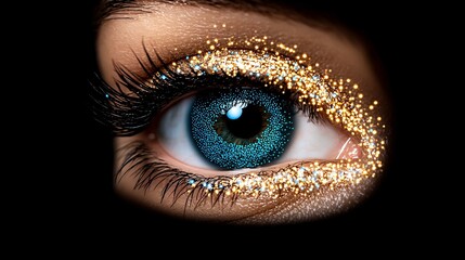 Fototapeta premium Close Up Blue Eye with Gold and Blue Glitter Makeup Dark Background