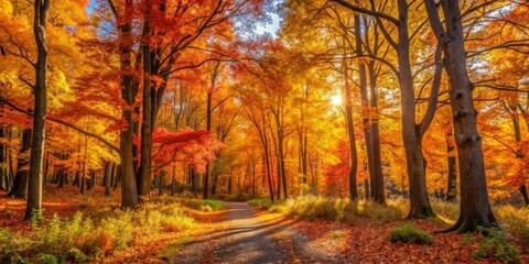 Fototapeta premium Autumnal Path Through a Canopy of Golden and Red Trees, Sunlight Dappling the Ground