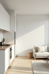 Fototapeta premium Modern Minimalist Open-Plan Living Space Featuring a Bright Kitchen and Comfortable Sofa
