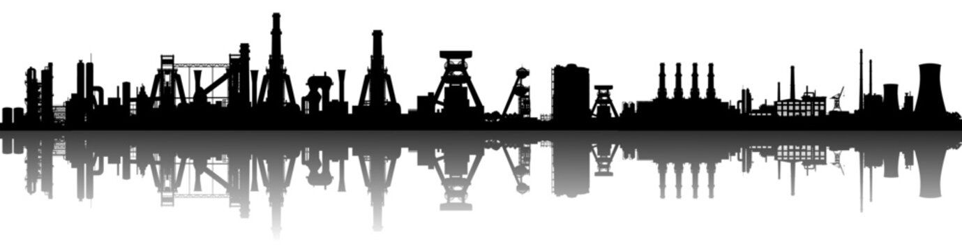 Vektor Silhouette Industrie Ruhrgebiet Spiegelung - Skyline Panorama Hoch&ouml;fen F&ouml;rdert&uuml;rme und Fabriken im Ruhrpott - Industriegeschichte im Wandel - Technik und Denkmal