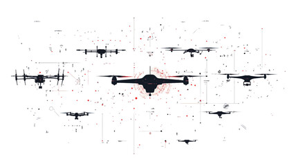 The image presents a stylized graphic depiction of a drone swarm. Multiple small, silhouetted drones are arranged around a central, larger drone, creating a radial pattern. The background