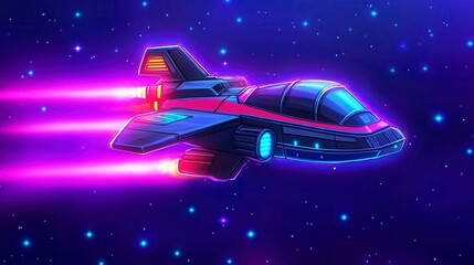 Naklejka premium Pixel art spaceship in vibrant pink and blue neon lights, flying through a starry dark space background. Retro futuristic design with glowing details.
