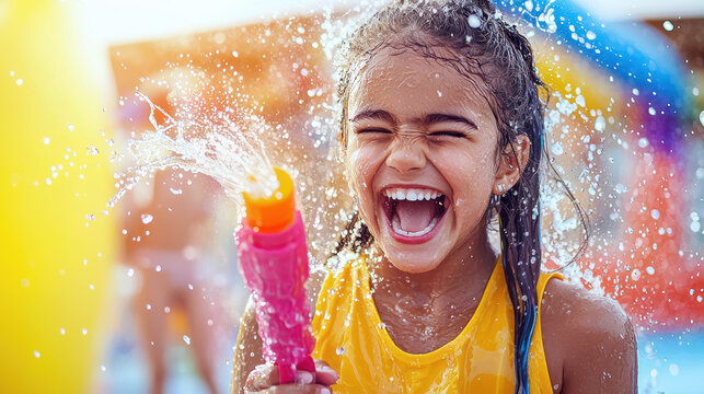 cheerful young girl is playing with water blaster, enjoying sunny day at water park, surrounded by splashes and laughter