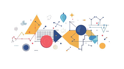 The image is a vector illustration featuring a flat design style.  It presents a composition of various geometric shapes including circles, triangles, and squares in shades of yellow,