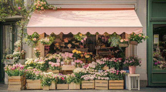 Charming Parisian Flower Shop with Pink Awning