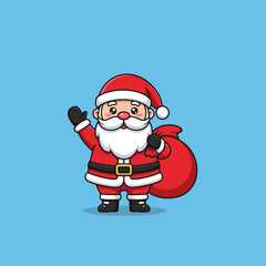 Cartoon Santa Waving with Sack Isolated on Blue Background