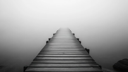 Obraz premium Mysterious Wooden Pier Emerging from Thick Fog Over Still Water in Black and White Landscape