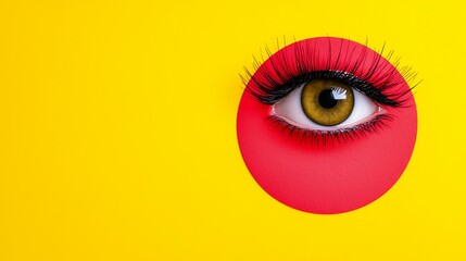 Close Up Hazel Eye with Black Eyelashes on Yellow Background