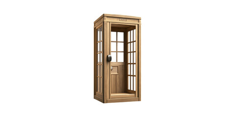 Obraz premium Vintage wooden telephone booth with glass panels isolated on transparent background