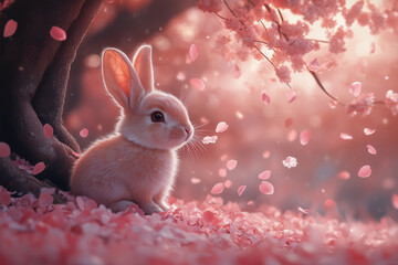 a white rabbit sitting under a tree with pink petals on it's branches and petals falling from the branches