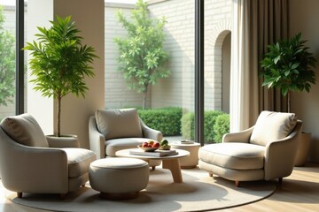 Obraz premium Serene Living Room with Natural Light and Lush Greenery Featuring Comfortable Armchairs and a Coffee Table