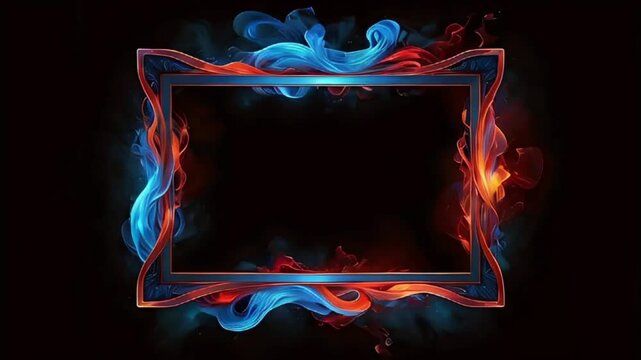 A vibrant glowing rectangular empty frame that combines fiery red and blue elements