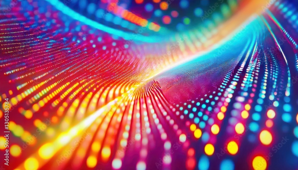 Poster vibrant abstract digital wave with glowing dots in neon colors, futuristic technology background for creative design use

