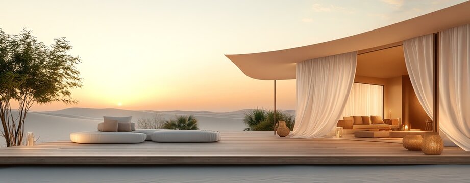 Luxury glamping outdoor retreat, outdoor retreat with luxury glamping, glamping retreat in luxury outdoor setting. Modern desert retreat with sunset view.