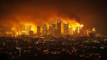 Fototapeta premium A dramatic scene of a nighttime city skyline burning, with flames consuming skyscrapers.