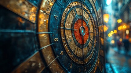 Obraz premium Close-Up View of Vintage Dartboard with Red Center and Numbered Sections in Dimly Lit Urban Street