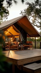 Fototapeta premium Luxury glamping outdoor retreat, outdoor retreat with luxury glamping, glamping retreat in luxury outdoor setting. Cozy glamping tent with elegant decor outdoors.