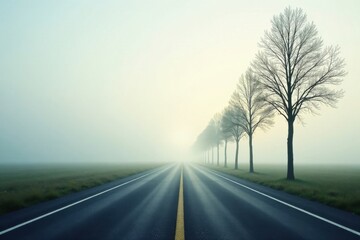 Fototapeta premium Asphalt Pathway Through Misty Morning Landscape With Bare Trees Lining The Road