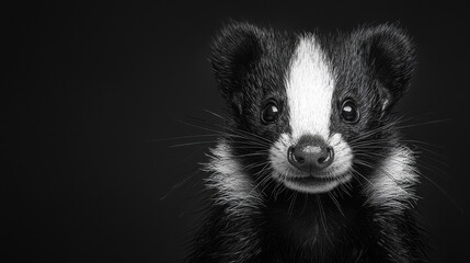 Black and white skunk standing on a field with a black background in a wildlife setting