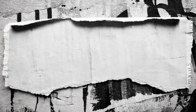 torn white paper on urban grunge wall with abstract black graffiti, blank ripped poster template, textured street art frame

