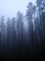 Fototapeta premium A dense forest shrouded in fog at dusk, with tall, slender trees reaching towards a hazy sky.