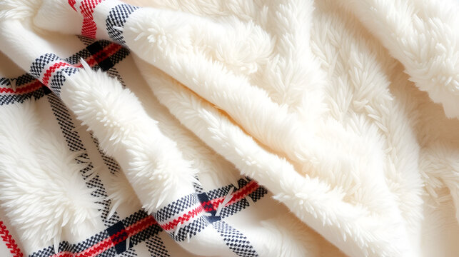 A soft cozy plaid made of white fabric with a pile lies in beautiful folds