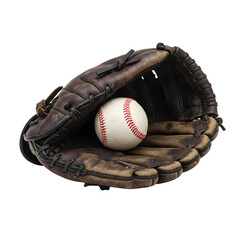 A worn leather baseball glove and a baseball against a transparent background.