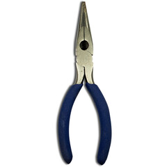 A pair of pliers with blue rubber grips, used for gripping, bending, and cutting wire or small objects.