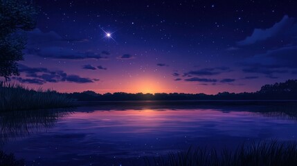 Starry Lake Sunset, tranquil night sky