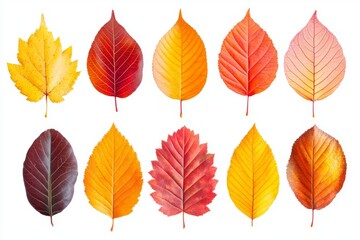 Obraz premium Vibrant Autumn Leaves Collection Red Orange Yellow Foliage Isolated on White Background