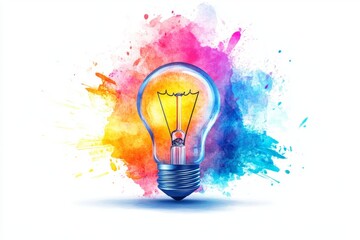 Bright Idea Illuminated Lightbulb with Vibrant Watercolor Splashes