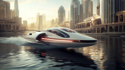 Futuristic speedboat cruises a waterway flanked by grand buildings, merging innovative design with city architecture in a seamless display of luxury and progress.