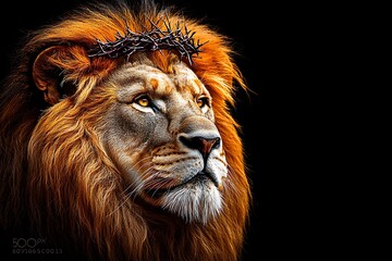 Naklejka premium Crowned Lion, Majestic Portrait, Dark Background