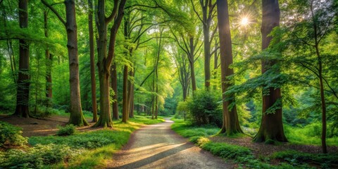Obraz premium Serene forest scene with winding dirt path surrounded by dense greenery and towering trees in West Park , tranquil nature, natural beauty