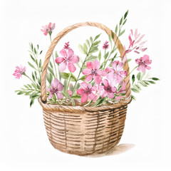 Watercolor painting of straw basket filled with wildflowers. Spring or summer season.