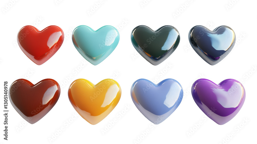 Poster glossy 3d hearts floating over transparent surface, representing love and romance in vibrant multico