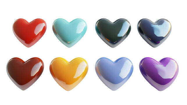 Glossy 3D hearts floating over transparent surface, representing love and romance in vibrant multicolored design