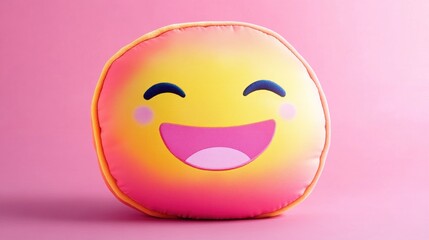 Fototapeta premium Happy emoji pillow on pink background