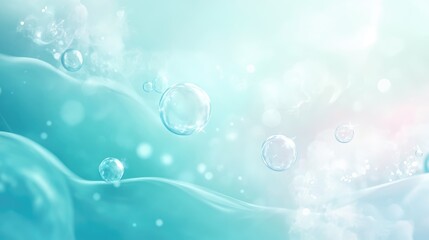 Transparent water bubbles floating in soft aqua blue atmospheric background with gentle bokeh light effect