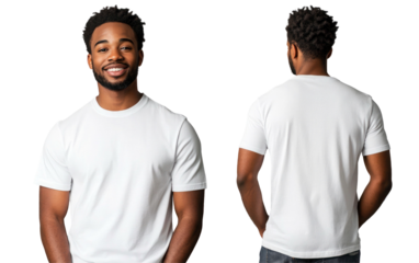 A smiling man wearing a blank white t-shirt, front and back view, perfect for apparel design mockups.