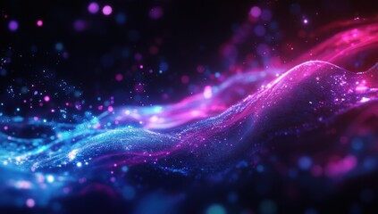 Abstract digital particles flowing in vibrant pink and blue colors.